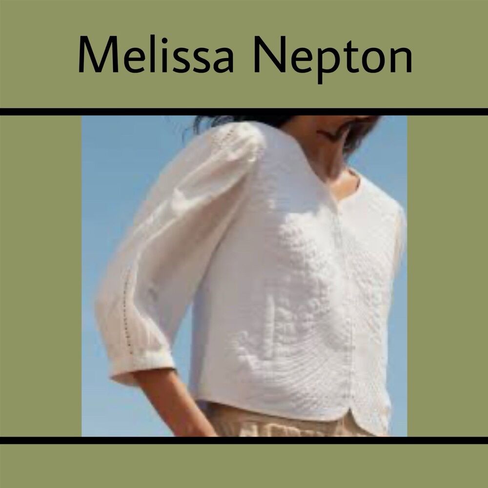 Melissa Nepton Quilted Puff Sleeve Button Top Cotton White XS Preppy Cottagecore
